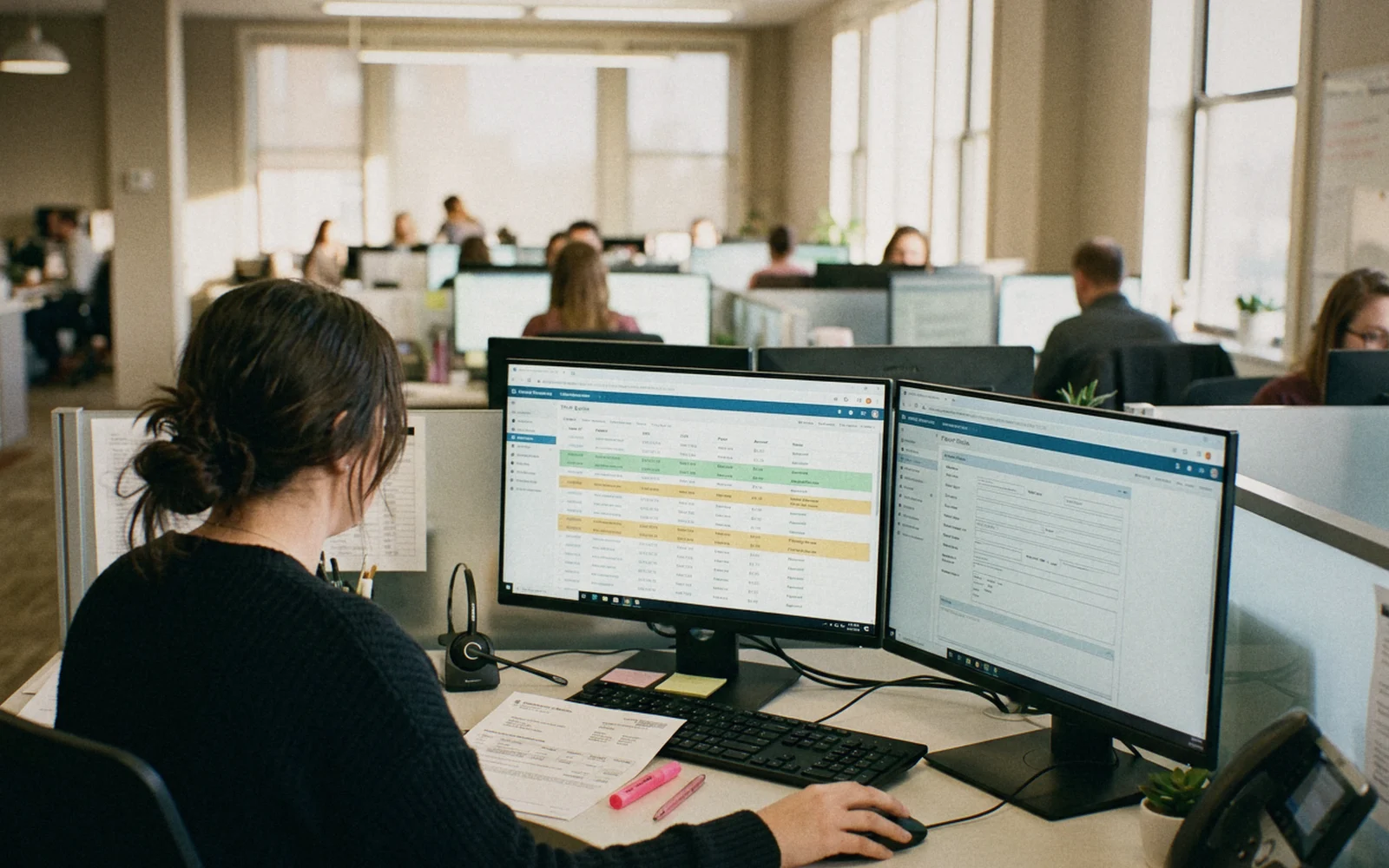 A billing specialist working through a claims queue on two monitors